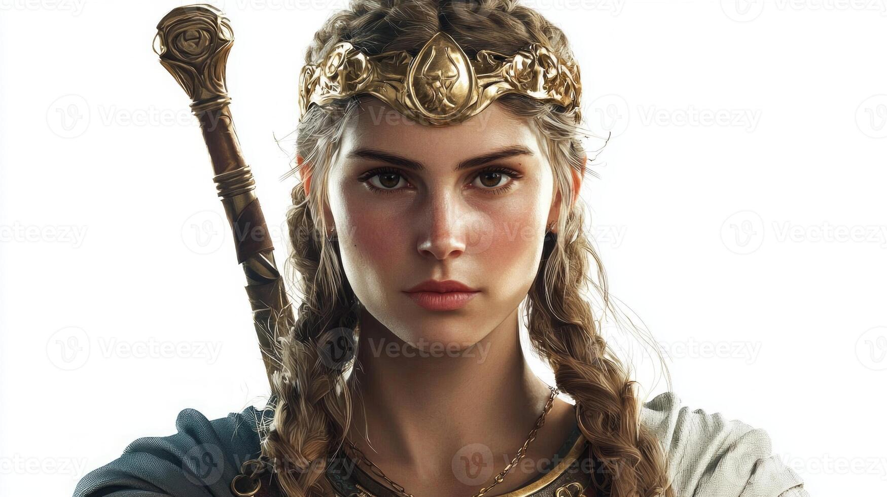 Frigg the Scandinavian goddess presents a powerful image with her intricate braid and regal attire. She holds a staff embodying strength and wisdom. photo