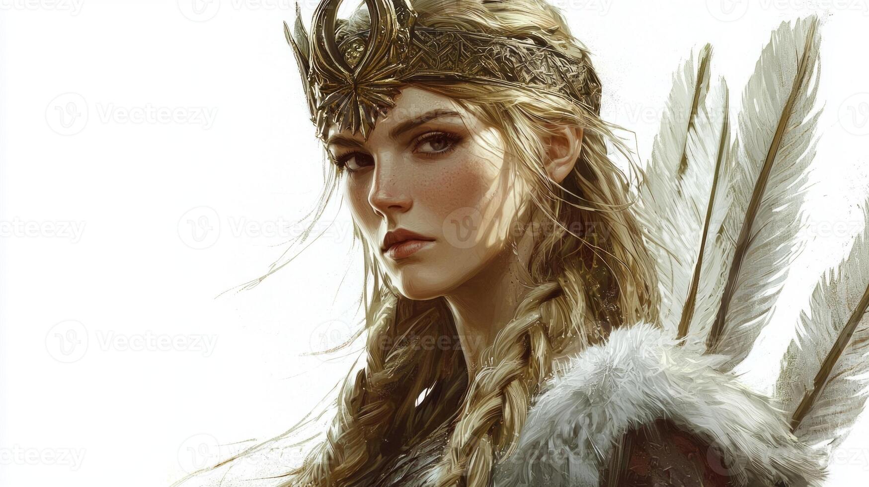 depiction showcases Frigg the revered Scandinavian goddess adorned with a crown and feathers exuding an air of majesty and strength against a stark background. photo