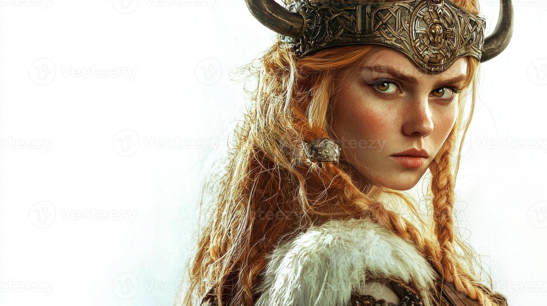 Frigg revered goddess Norse mythology depicted with intricate details featuring her signature horned headdress and traditional attire conveying a sense of strength and wisdom. photo
