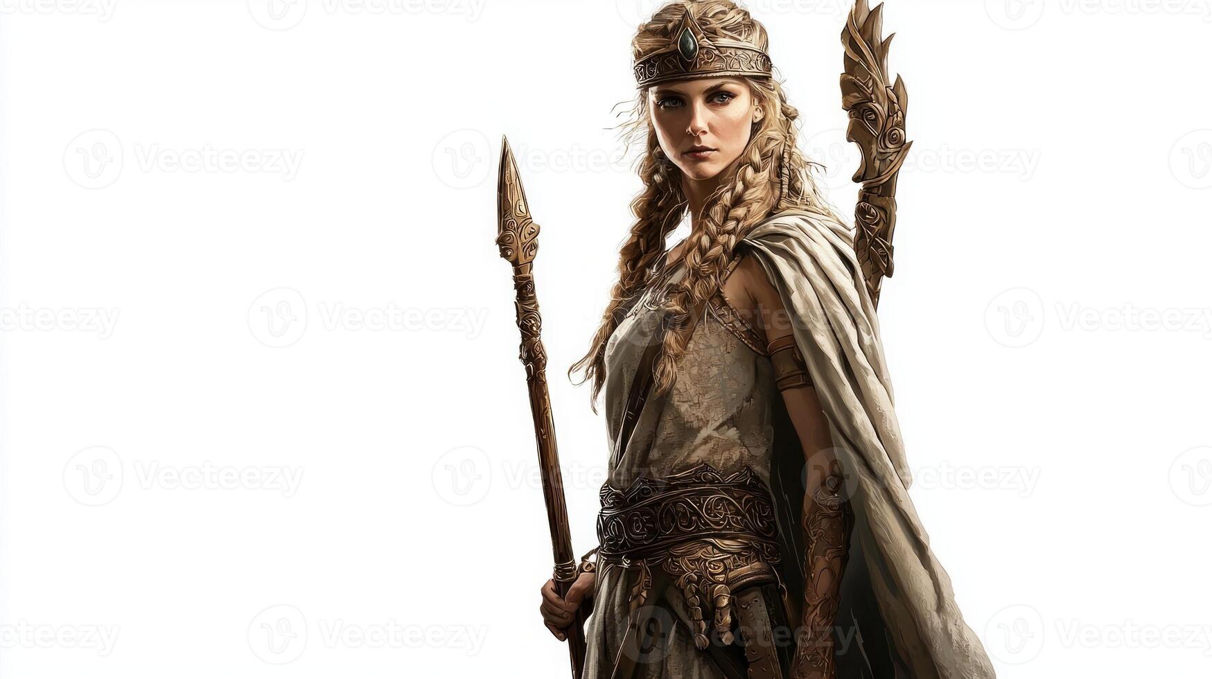 Frigg a revered Scandinavian goddess embodies strength and grace with her detailed armor and spear. The portrayal emphasizes her divine nature in a striking isolation. photo