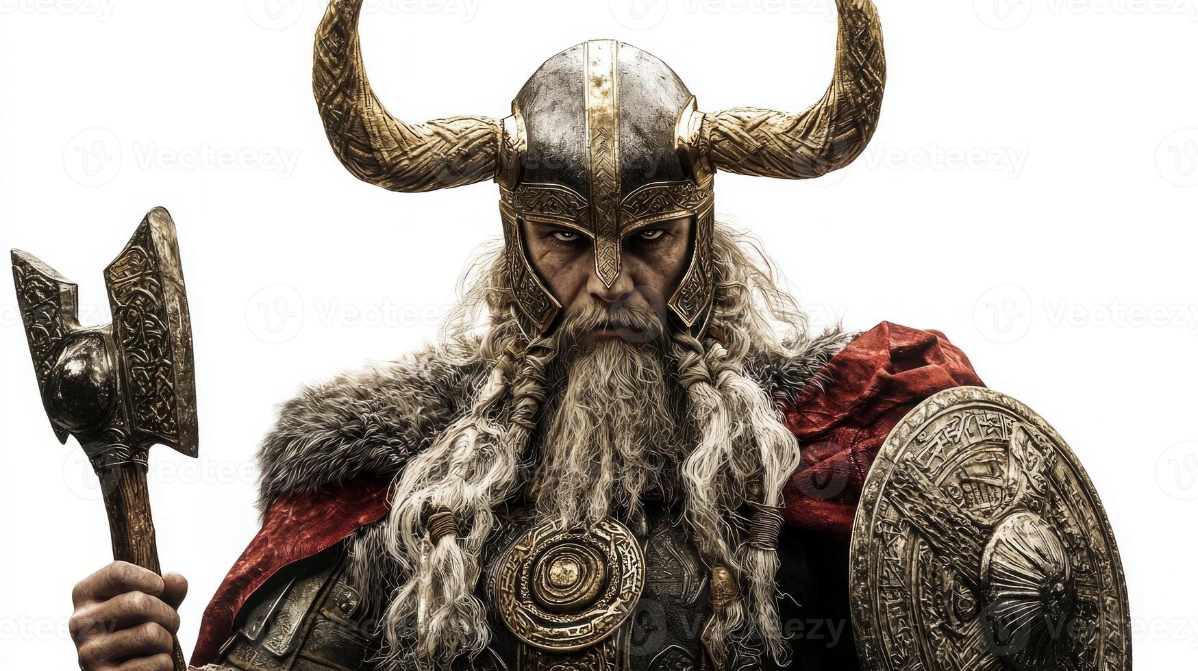 Heimdall the Nordic god known for his keen senses equipped with an axe and shield. His imposing presence highlights Viking mythologys essence and significance. photo