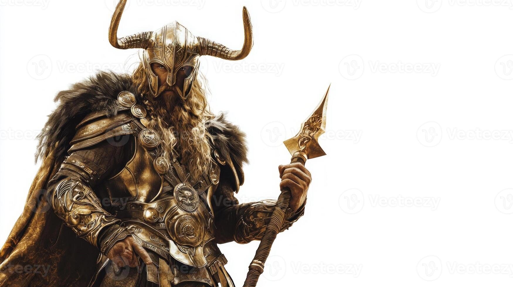 Heimdall stands prominently adorned in intricate armor with golden accents holding a spear embodying the vigilant guardian of the gods from Scandinavian mythology. photo