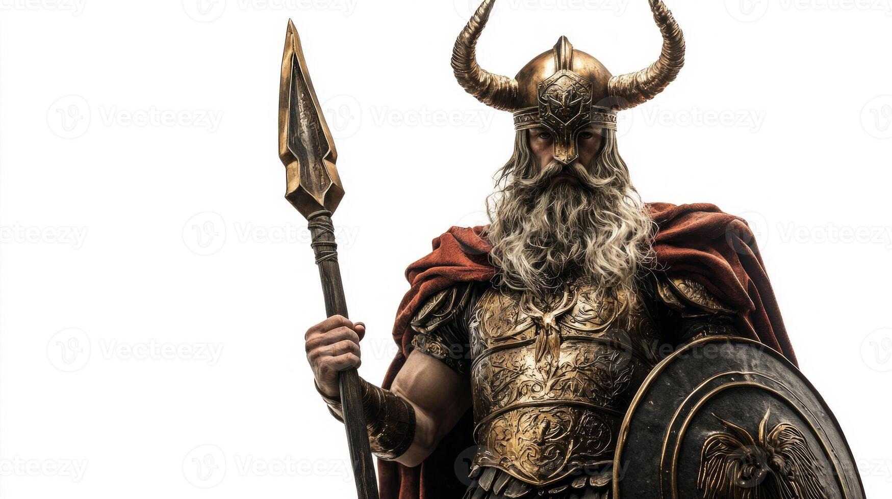 Heimdall the guardian of the Bifrost Bridge stands proudly with his golden armor spear and shield embodying the essence of Scandinavian mythology. photo