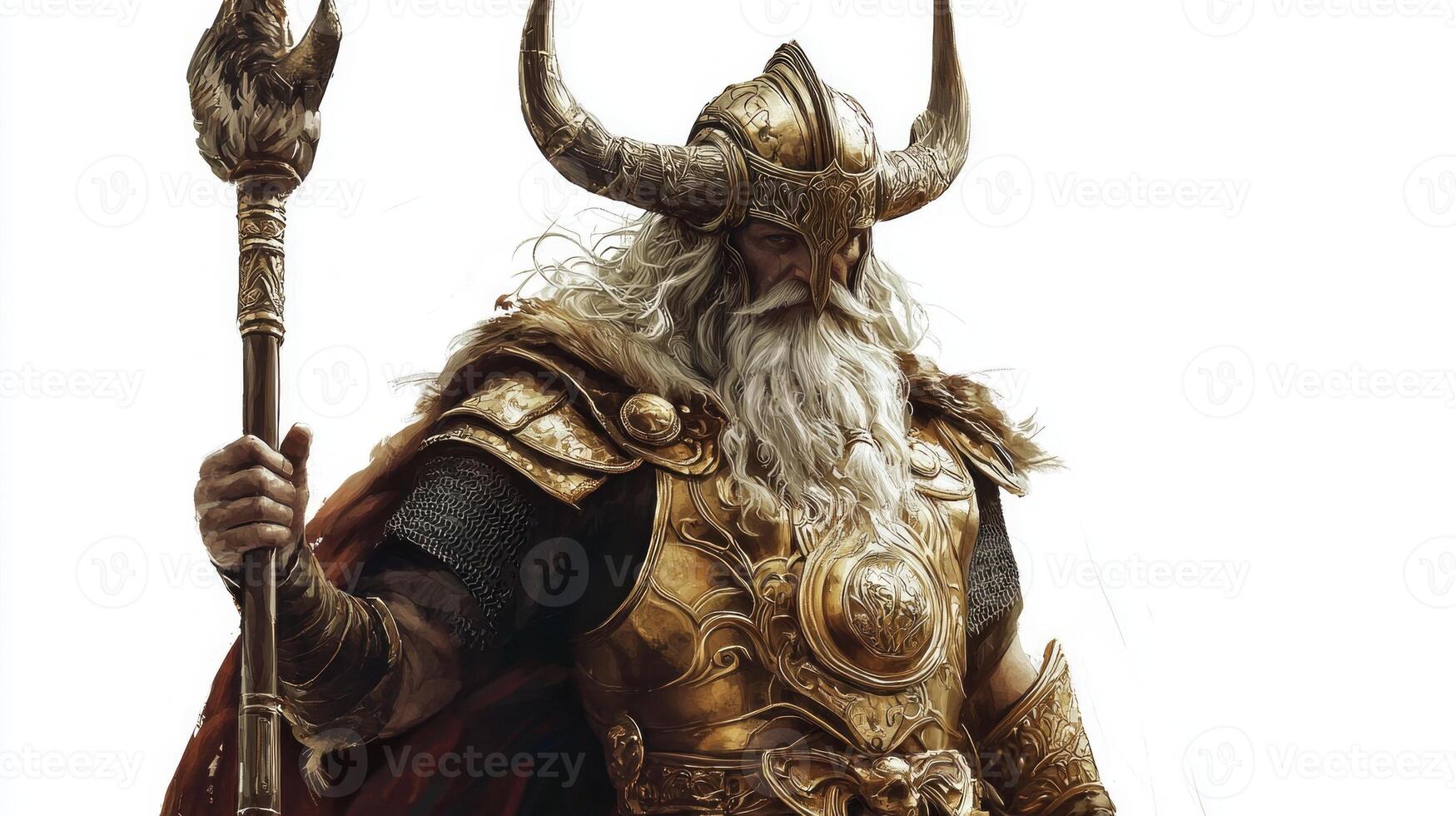 Heimdall stands tall adorned in elaborate golden armor exuding strength and wisdom. His horned helmet and staff emphasize his role as the vigilant guardian of the gods. photo