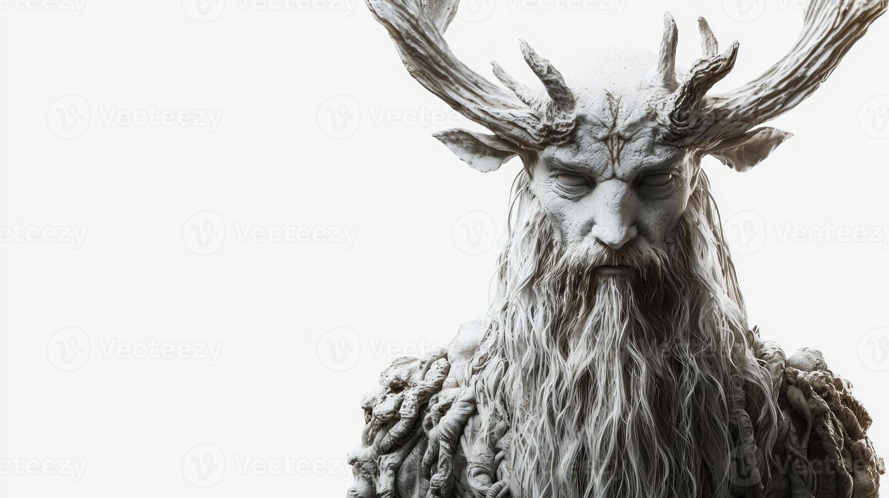 artwork features Hel the Scandinavian god of the underworld portrayed with impressive antlers and a powerful presence against a stark white backdrop. photo