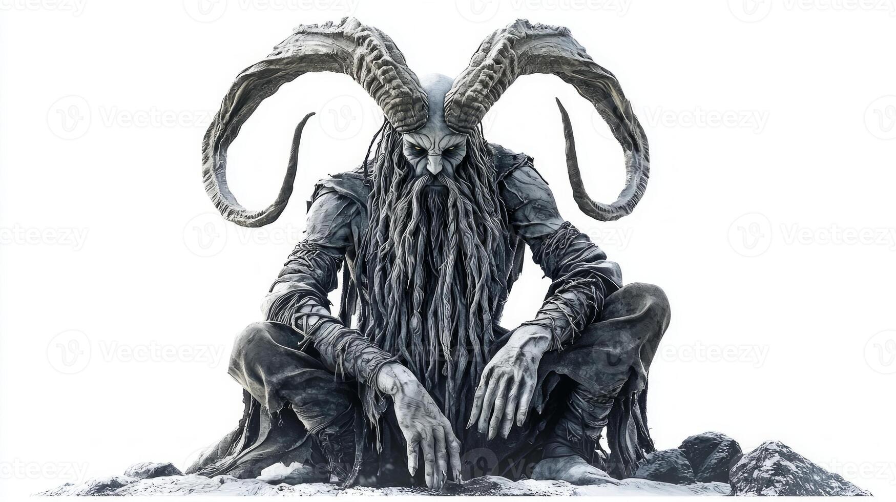 Hel the Scandinavian god is depicted in a striking design showcasing detailed features and majestic horns against a pristine white backdrop embodying ancient mythology. photo