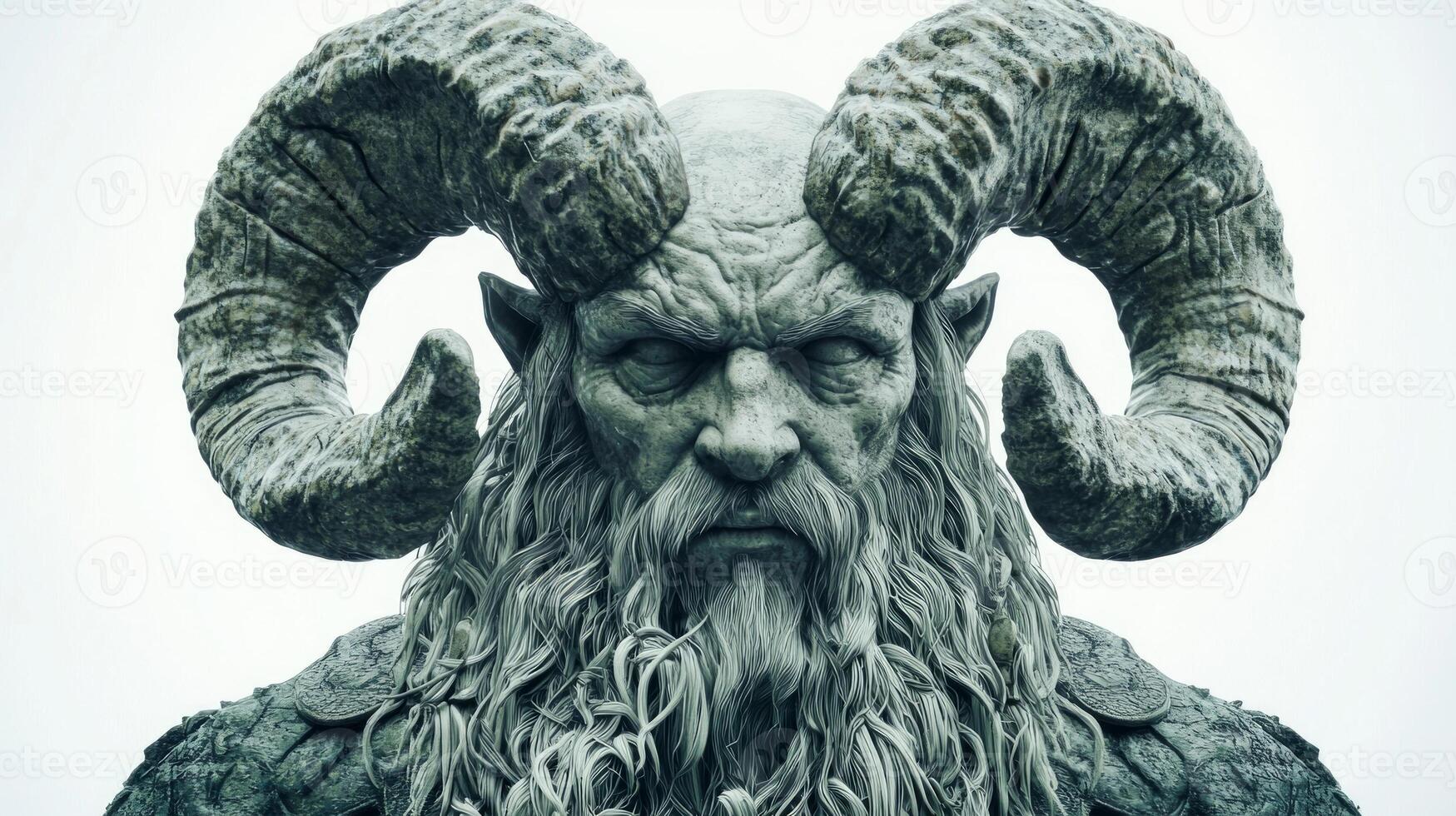 Scandinavian god Hel portrayed with intricate details showcasing his powerful presence through striking features and textured horns conveying an aura of mythology and strength. photo