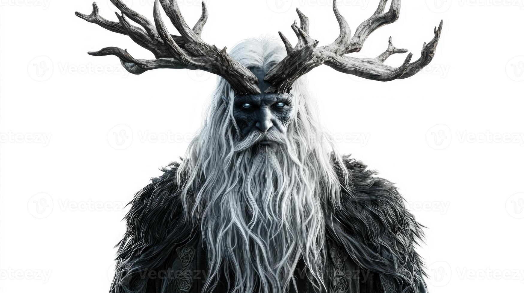 Hel Scandinavian god underworld is depicted with majestic presence featuring a long white beard dark attire and impressive antlers evoking sense of mystery and power. photo