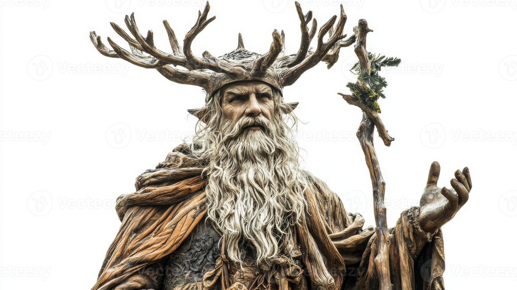 Hodr the blind Scandinavian god is portrayed with a majestic presence featuring detailed antlers and holding a staff set against a white backdrop. The character embodies strength and mystery. photo