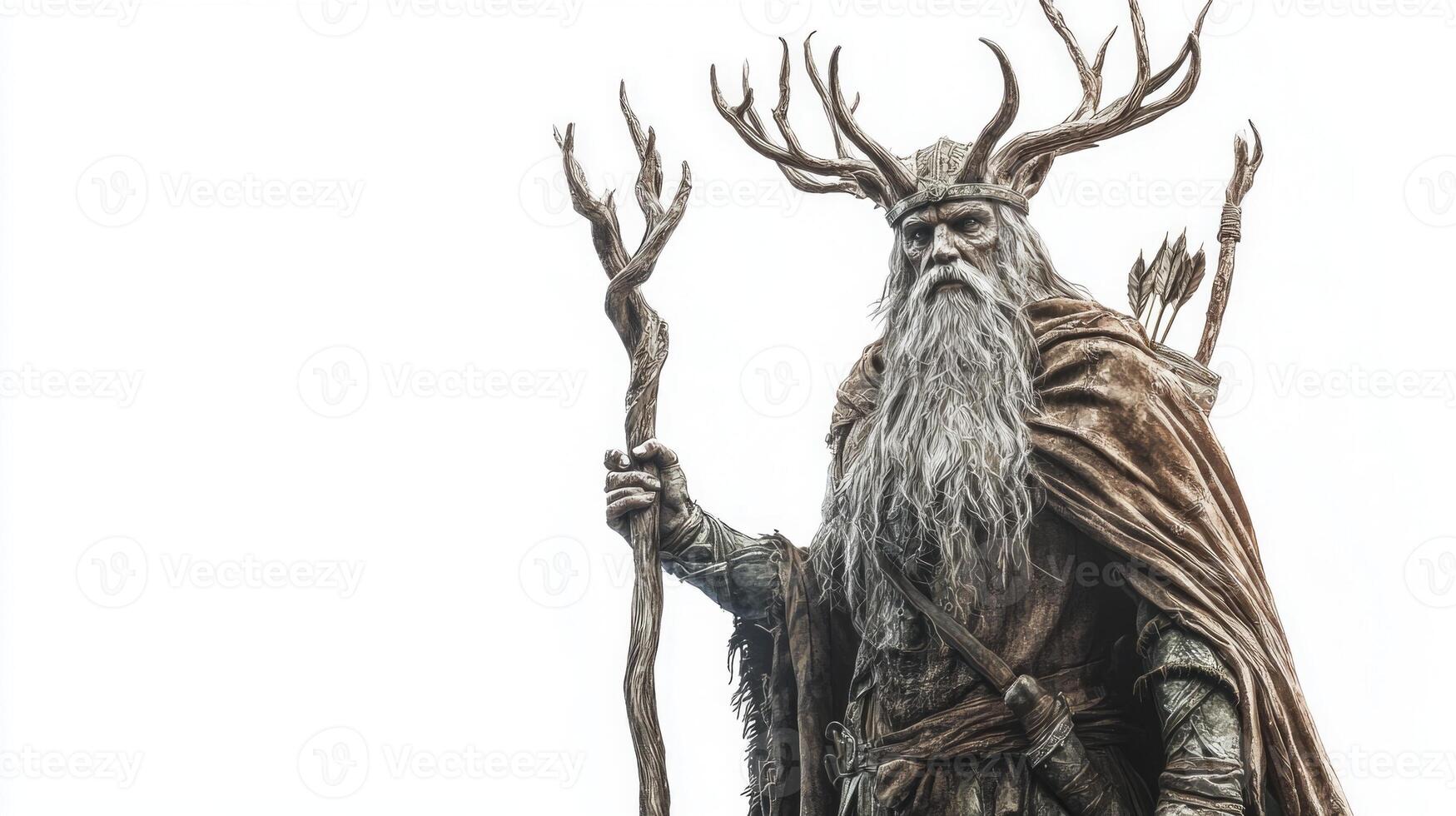 Hodr the Scandinavian god is depicted with majestic antlers a staff and traditional attire. His expression reflects the mystique of ancient mythology. photo