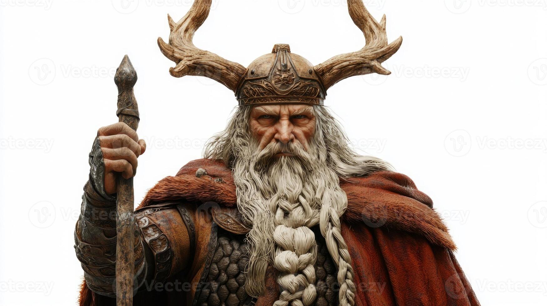 image depicts the Scandinavian god Hodr characterized by powerful presence elaborate armor and commanding horns standing with a staff on a stark white background. photo
