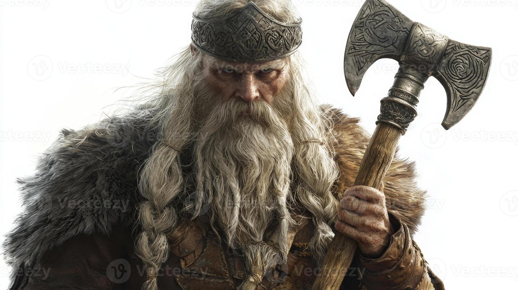 striking representation of Hodr the blind Scandinavian god showcasing his fierce expression and powerful stance with an intricately carved axe. photo