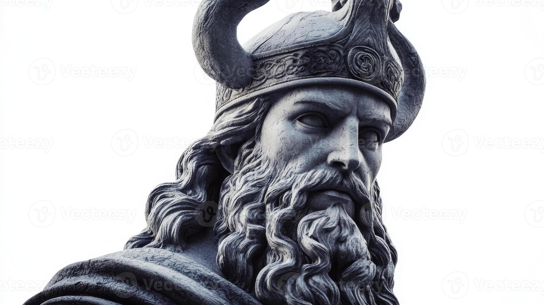 The Scandinavian god Hodr is depicted with striking detail showcasing his majestic features and intricate horned helmet emphasizing his mythical role and legacy. photo