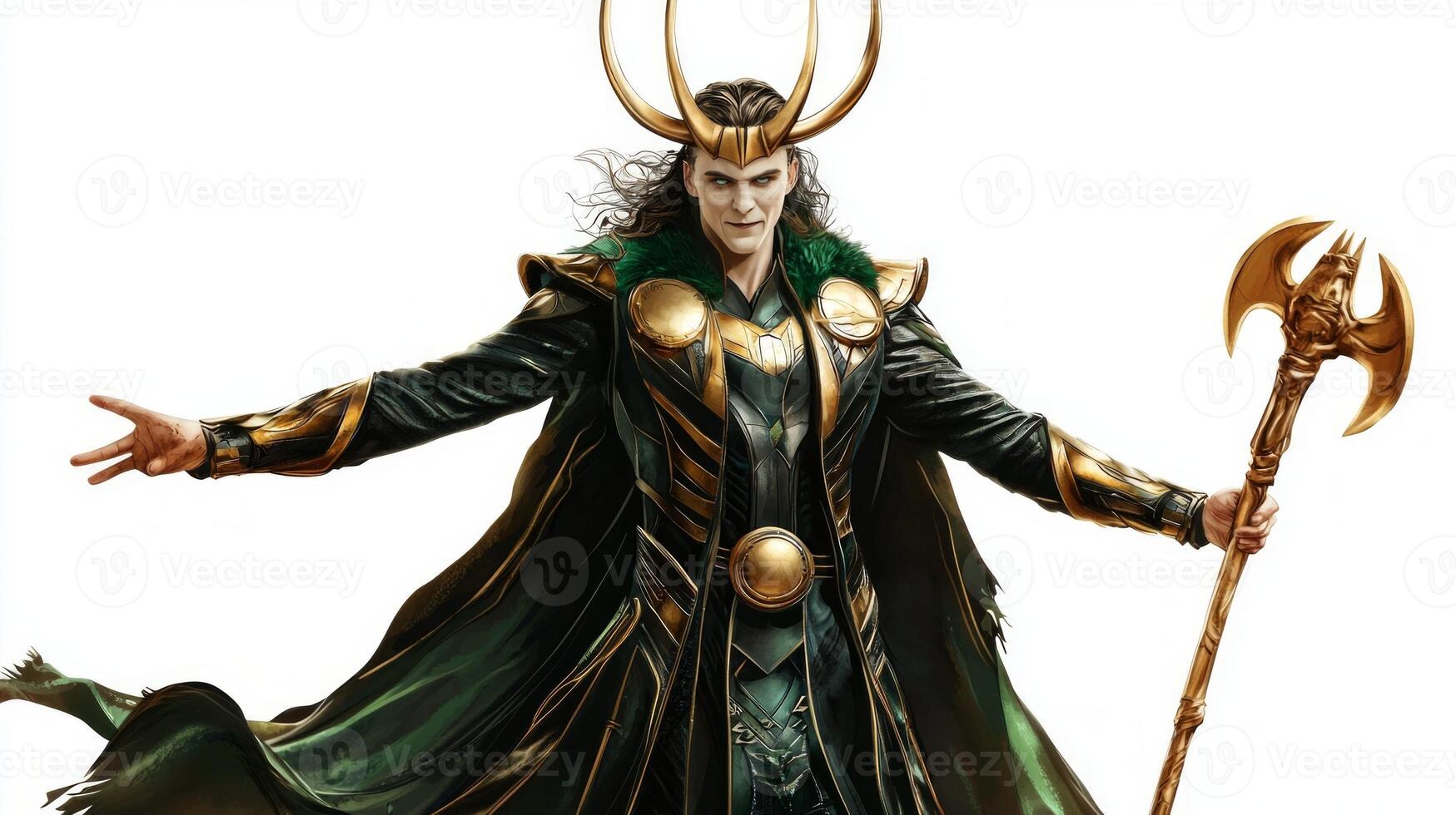 Loki the trickster god from Scandinavian mythology is portrayed in realistic detail with elaborate attire and accessories emphasizing his divine yet mischievous nature. photo