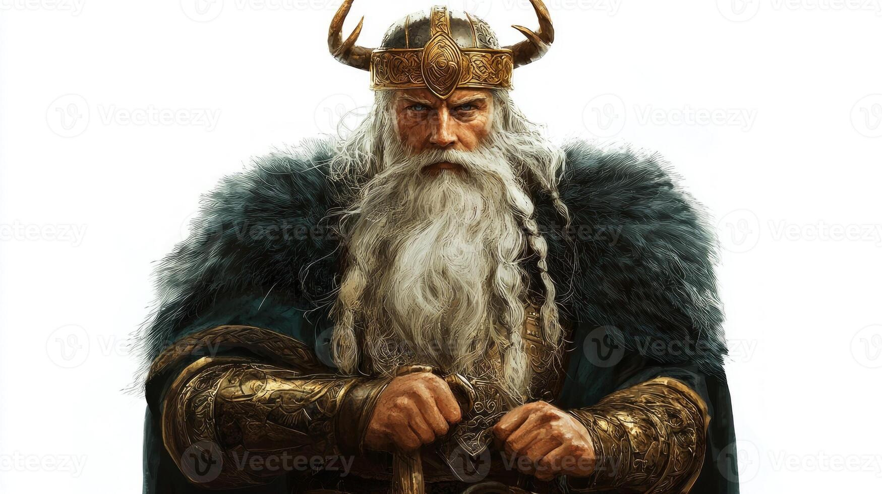 Magni known as the son of Thor stands confidently with a strong expression showcasing his detailed armor and majestic appearance in a striking design. photo