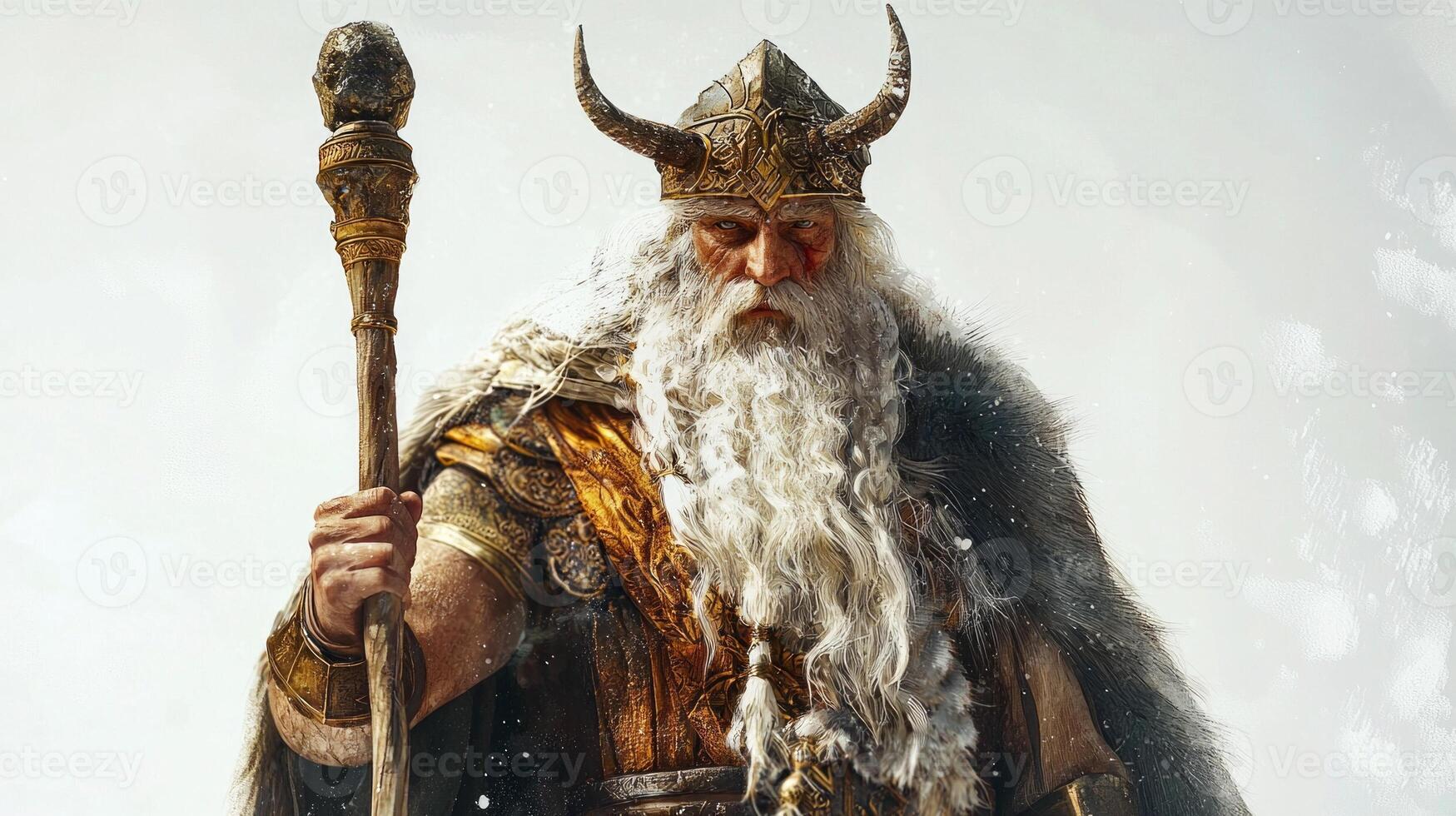 Magni known as a Scandinavian god is portrayed with long hair and a powerful stance. Adorned in traditional armor he holds a staff conveying strength and courage. photo