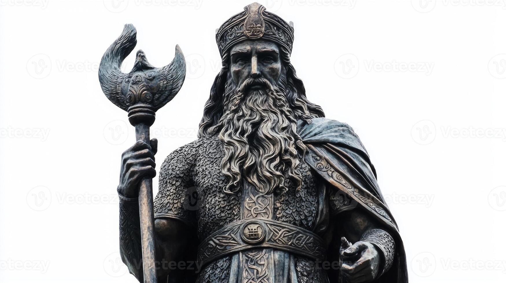 Njord the Scandinavian god of the sea and wealth stands resolutely holding his staff showcasing his powerful presence against a pure white background. photo