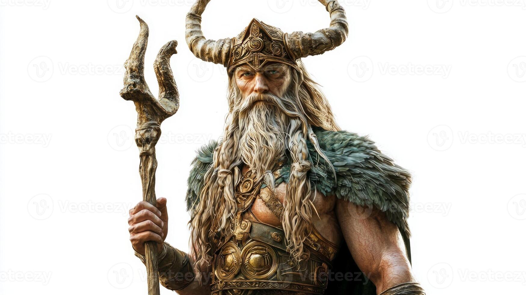 Njord revered as a Scandinavian god exudes power and presence with his trident showcasing his connection to the sea and winds in a striking pose. photo