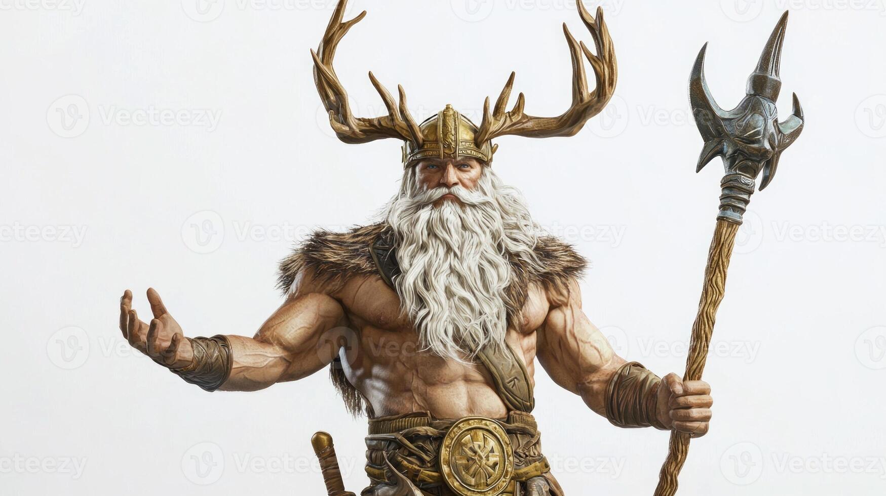 striking depiction Njord Scandinavian god associated with sea and wind characterized majestic antlers and staff exuding strength and divine power isolated on white background. photo