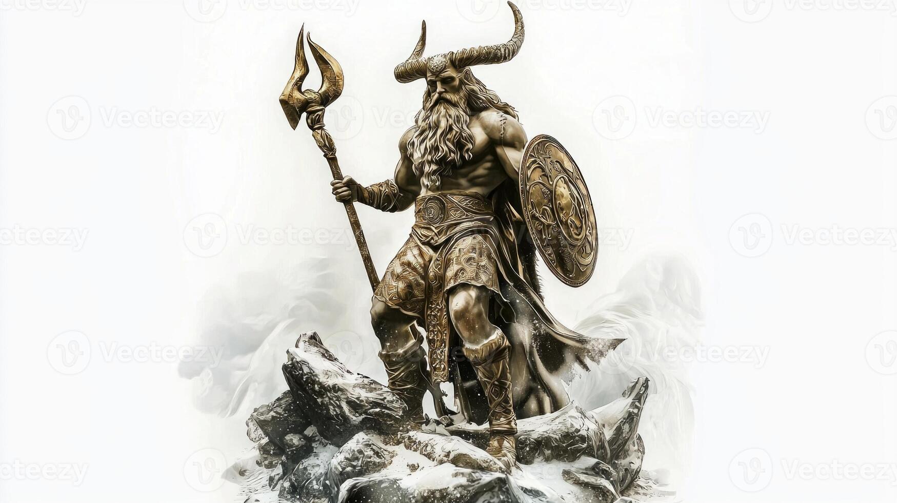 striking representation of Njord the deity revered in Norse mythology stands confidently with his trident and shield embodying the elements of sea and wind. photo