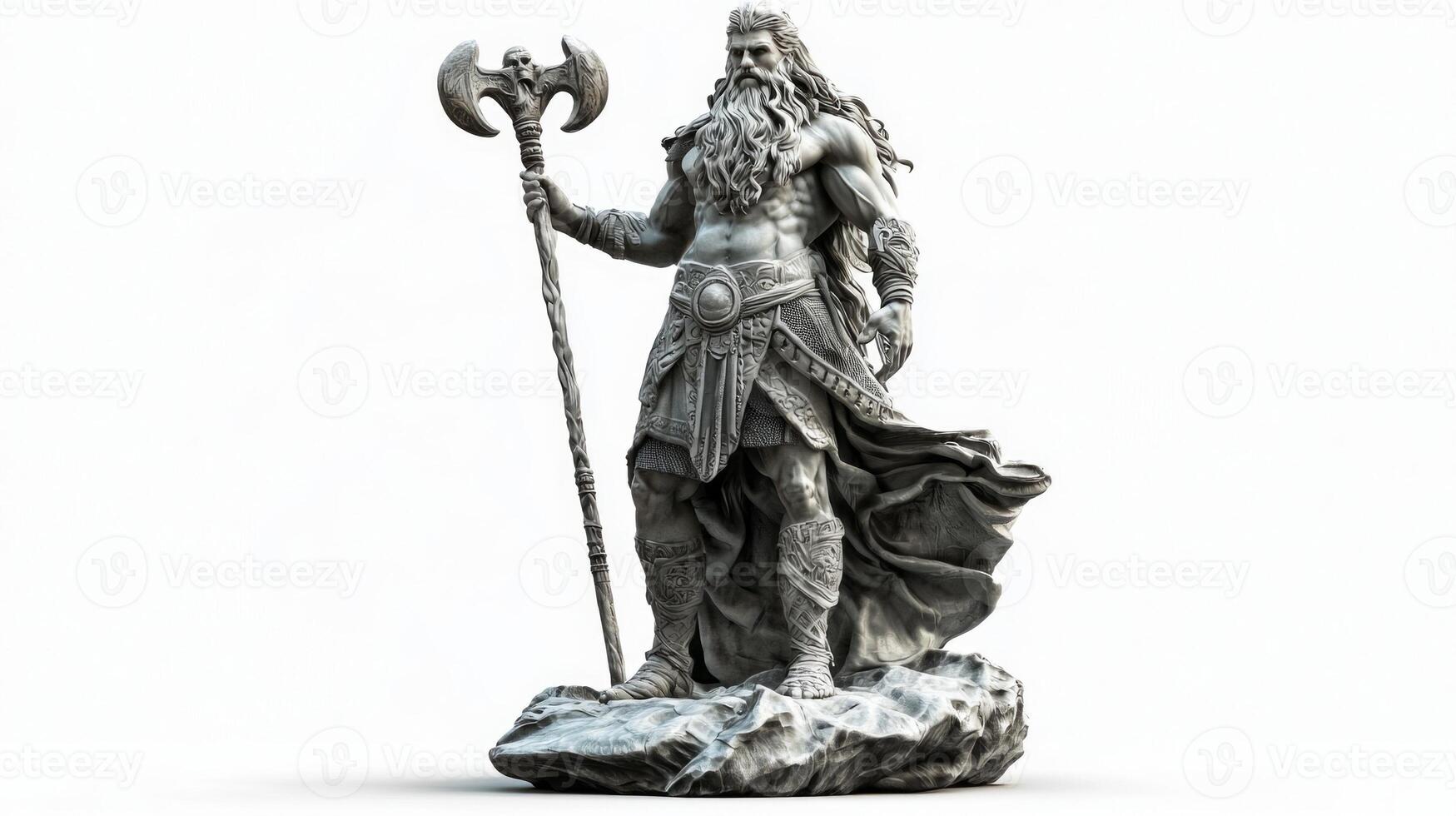 Scandinavian god Njord stands tall with a fierce expression holding his axe and staff embodying strength and maritime power against a stark white backdrop. photo