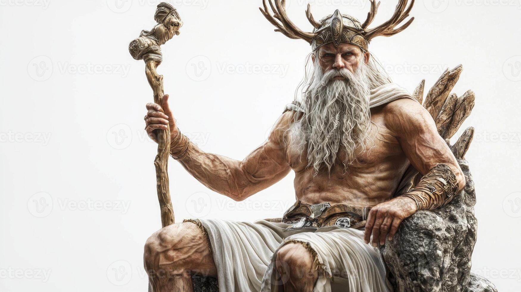 Scandinavian god Njord depicted with long hair and majestic beard seated on rocky throne holding staff embodying his dominion over the sea and winds. photo