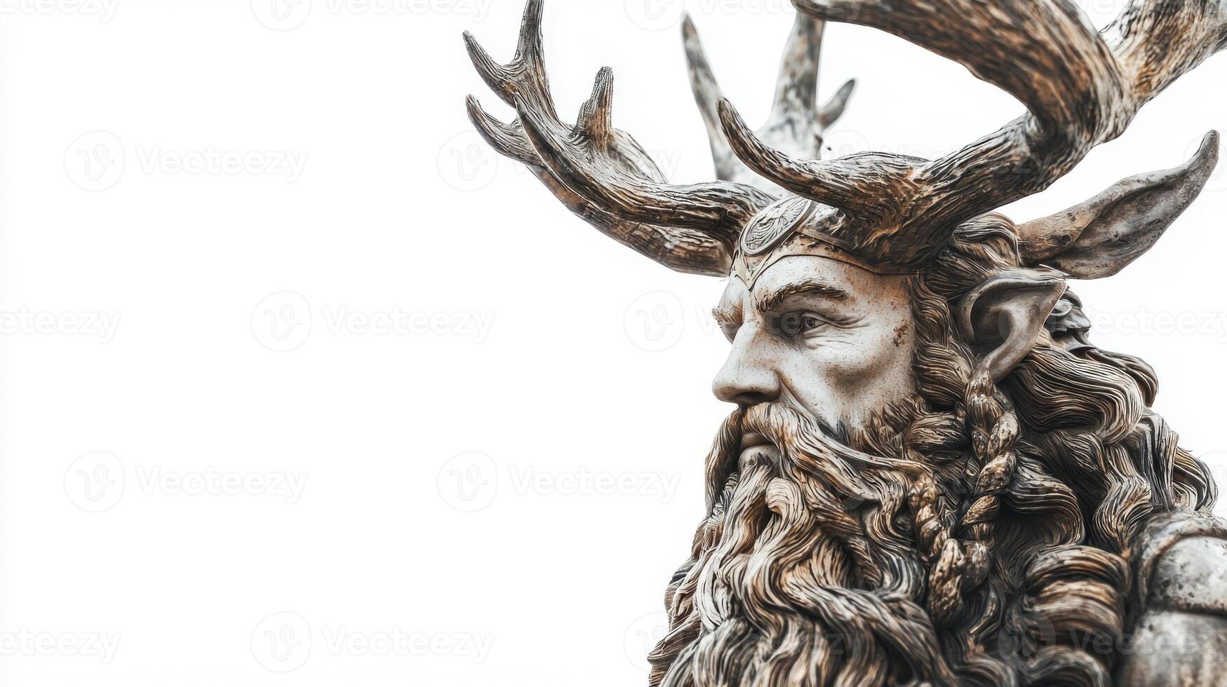 Njord the god of the sea and wind from Scandinavian mythology featuring his impressive antlers and intricate beard against a clean white background. photo