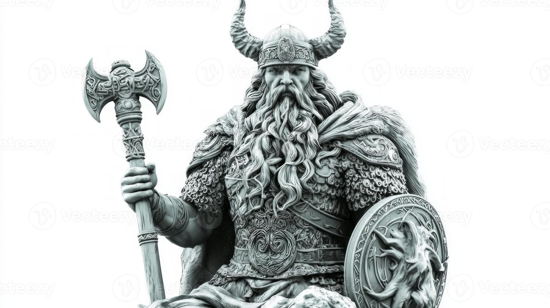 depiction of Njord highlights the Scandinavian gods connection to the sea and wind. The figure features detailed armor an axe and a shield reflecting his divine strength. photo