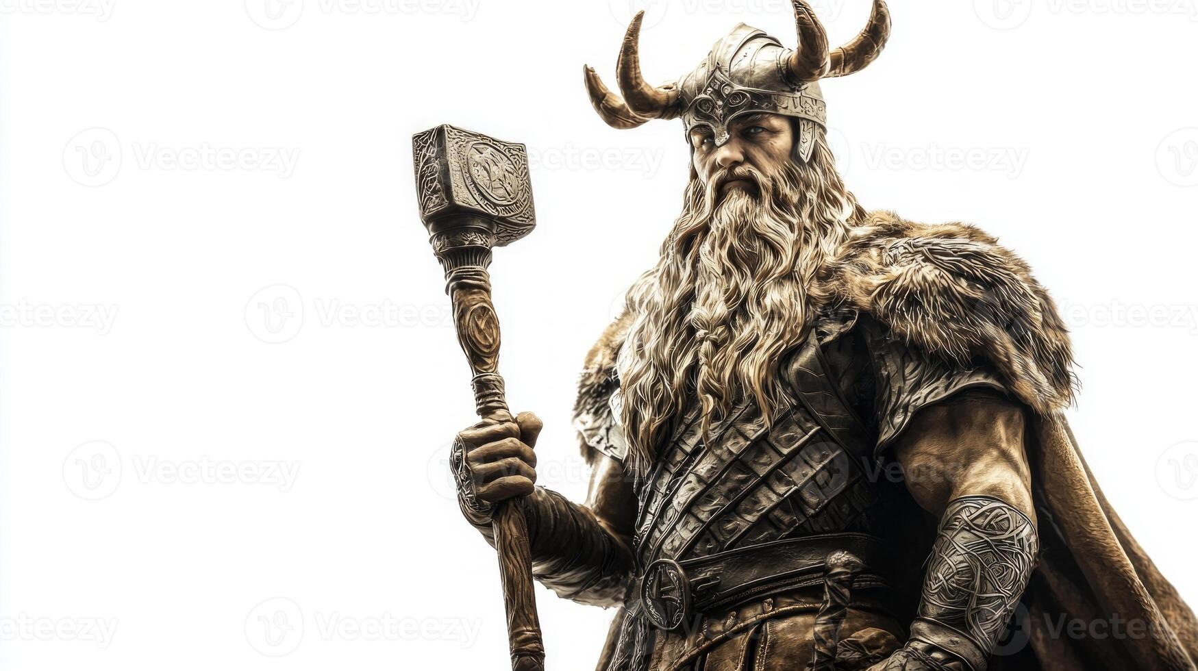 depiction of Odin showcases his strong and commanding presence complete with intricate armor and a legendary hammer. The character conveys the essence of Scandinavian mythology. photo