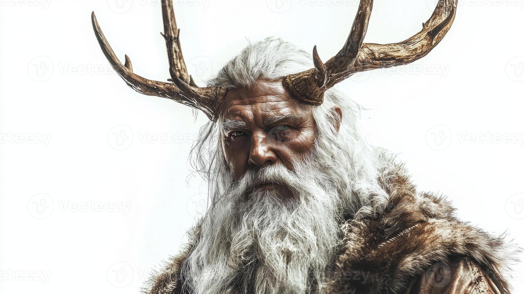 image presents Njord powerful Scandinavian god associated with the sea and wind depicted with regal antlers and a flowing beard embodying a mythical presence. photo