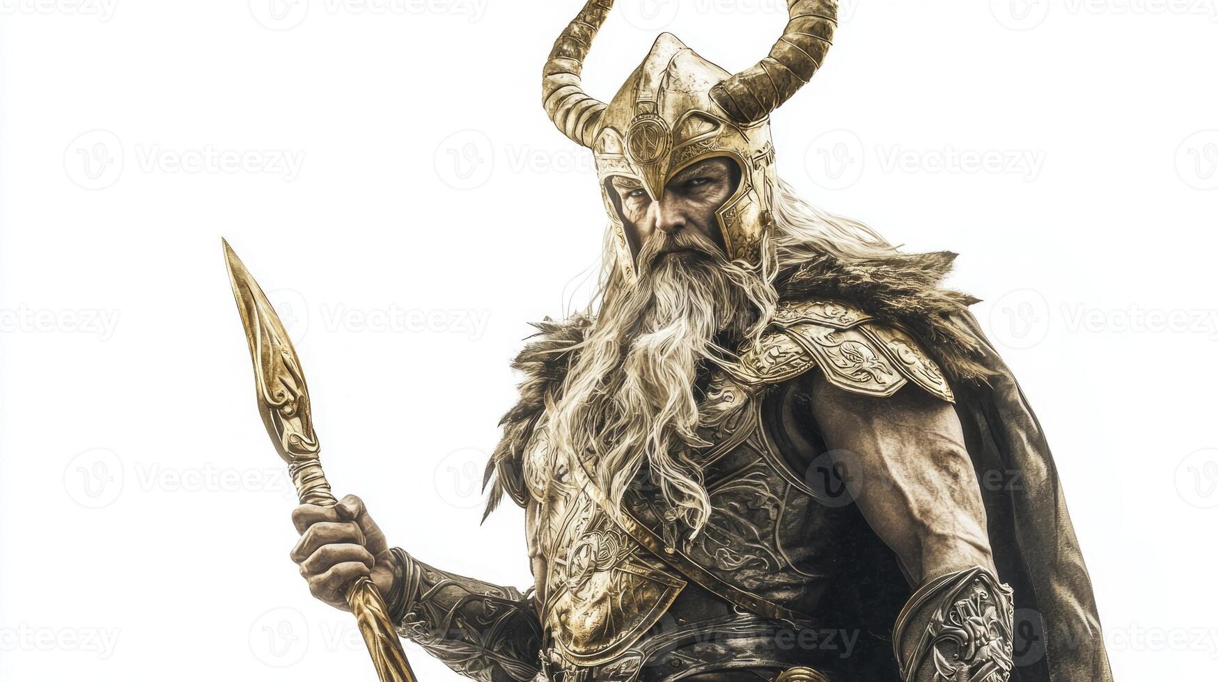 powerful figure of Odin adorned in intricate armor and holding a spear showcases the majesty of Scandinavian deities. He exudes strength and wisdom reflecting ancient mythology. photo