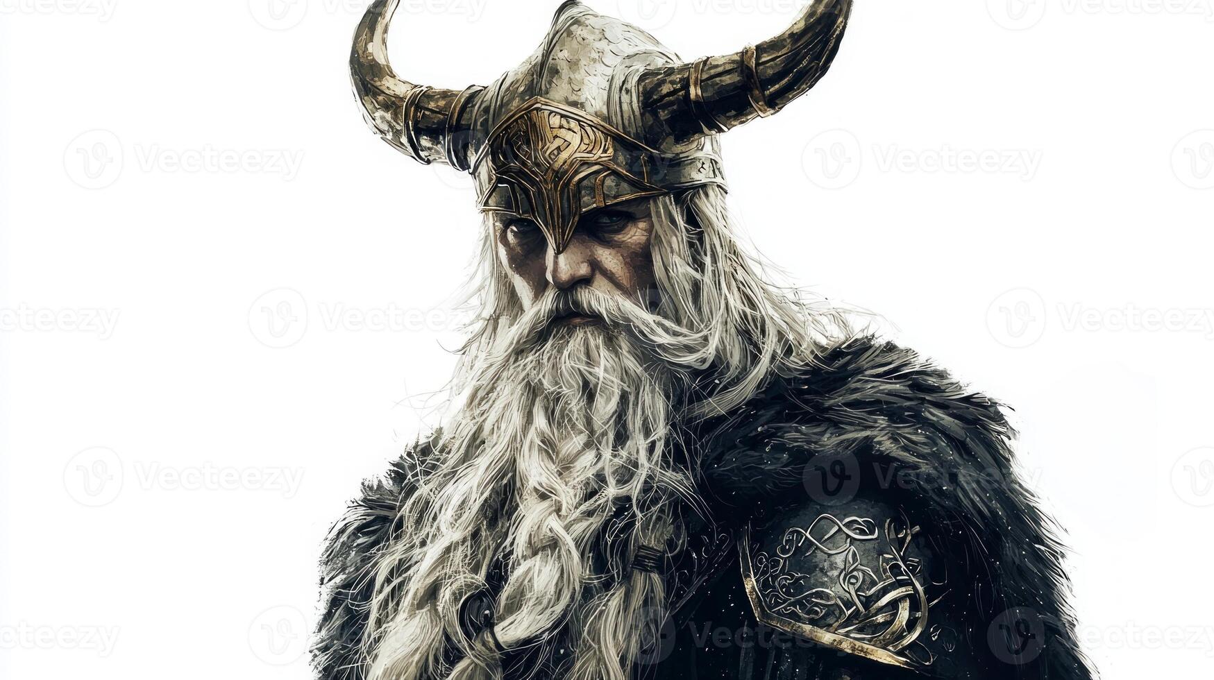 striking representation of Odin the Scandinavian god exhibiting elaborate armor and a flowing beard capturing the essence of Nordic mythology in a captivating manner. photo