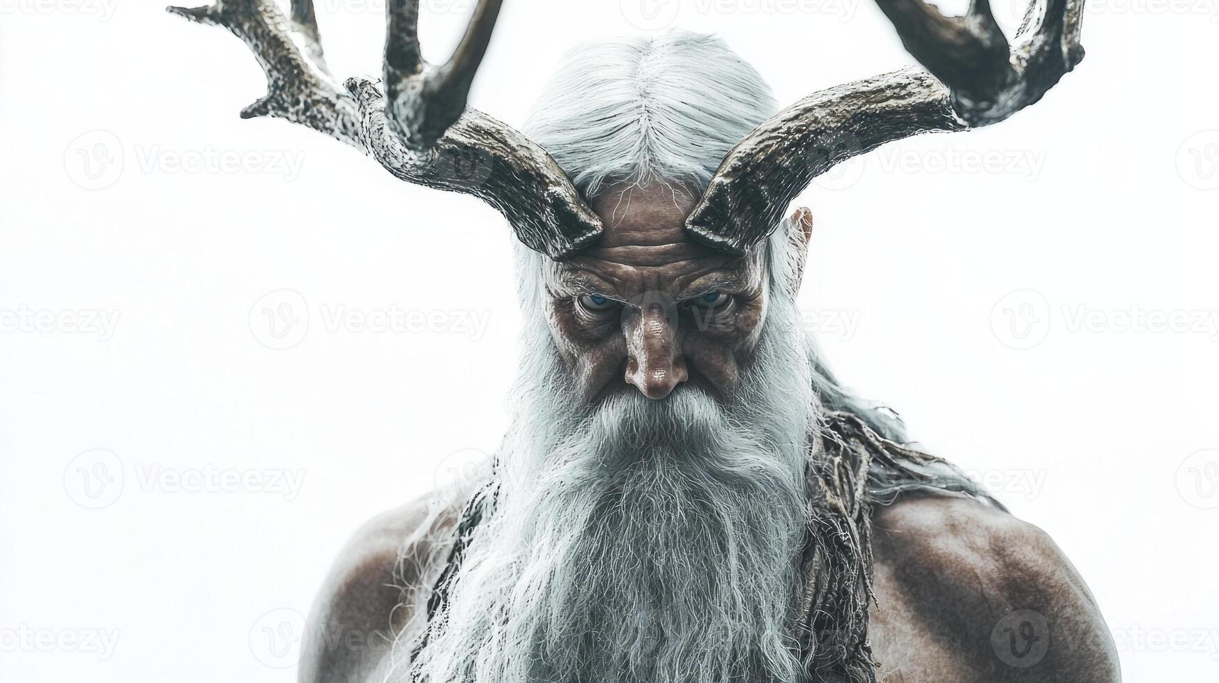powerful representation of Ran the Scandinavian god showcasing a wise figure with antlers and long hair. The minimalist background highlights his mythical presence and significance. photo