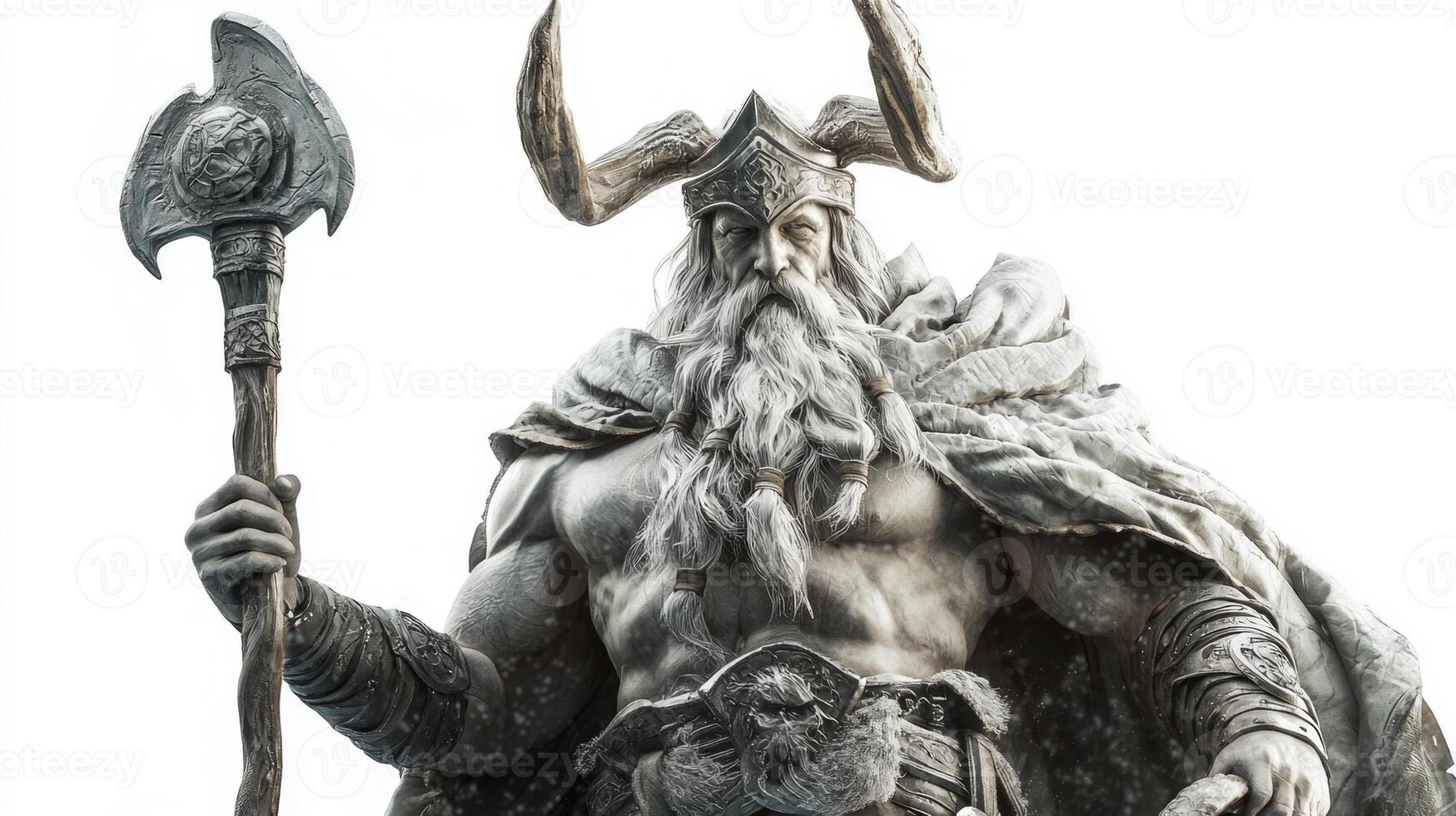 Scandinavian god Ran is depicted with a majestic presence wielding an axe and adorned with elaborate armor. His powerful physique and intricate details capture ancient mythology. photo