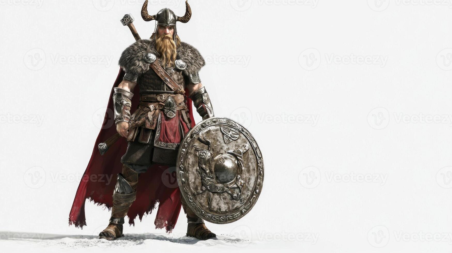 powerful figure of Sif a Scandinavian god stands confidently in elaborate armor sporting horns and a shield capturing the essence of Norse mythology. photo
