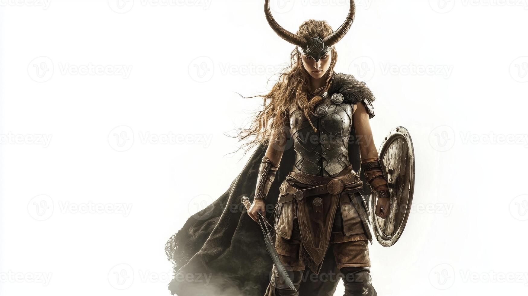 Scandinavian goddess Sif is depicted in detailed armor showcasing her strength and warrior spirit while standing poised against a white backdrop. photo