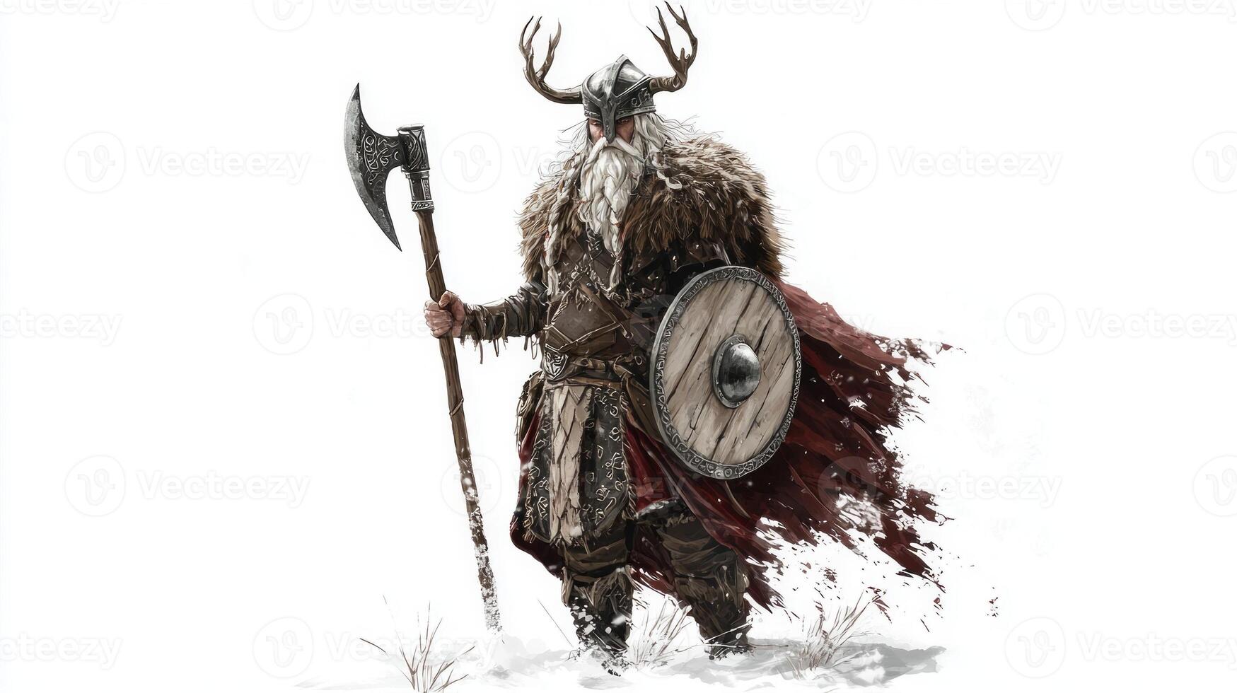 Sif stands confidently in a snow covered landscape showcasing her elaborate armor and powerful presence embodying the rich mythology of Scandinavian gods and goddesses. photo