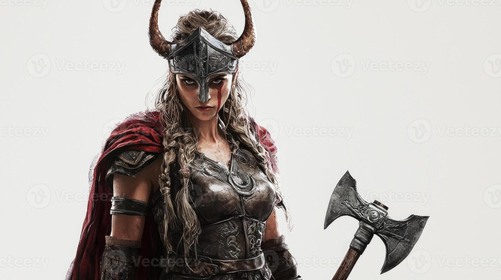Scandinavian goddess Sif stands proudly adorned in intricate armor with a fierce expression. She wields a battle axe embodying strength and fertility set against a clean white background. photo