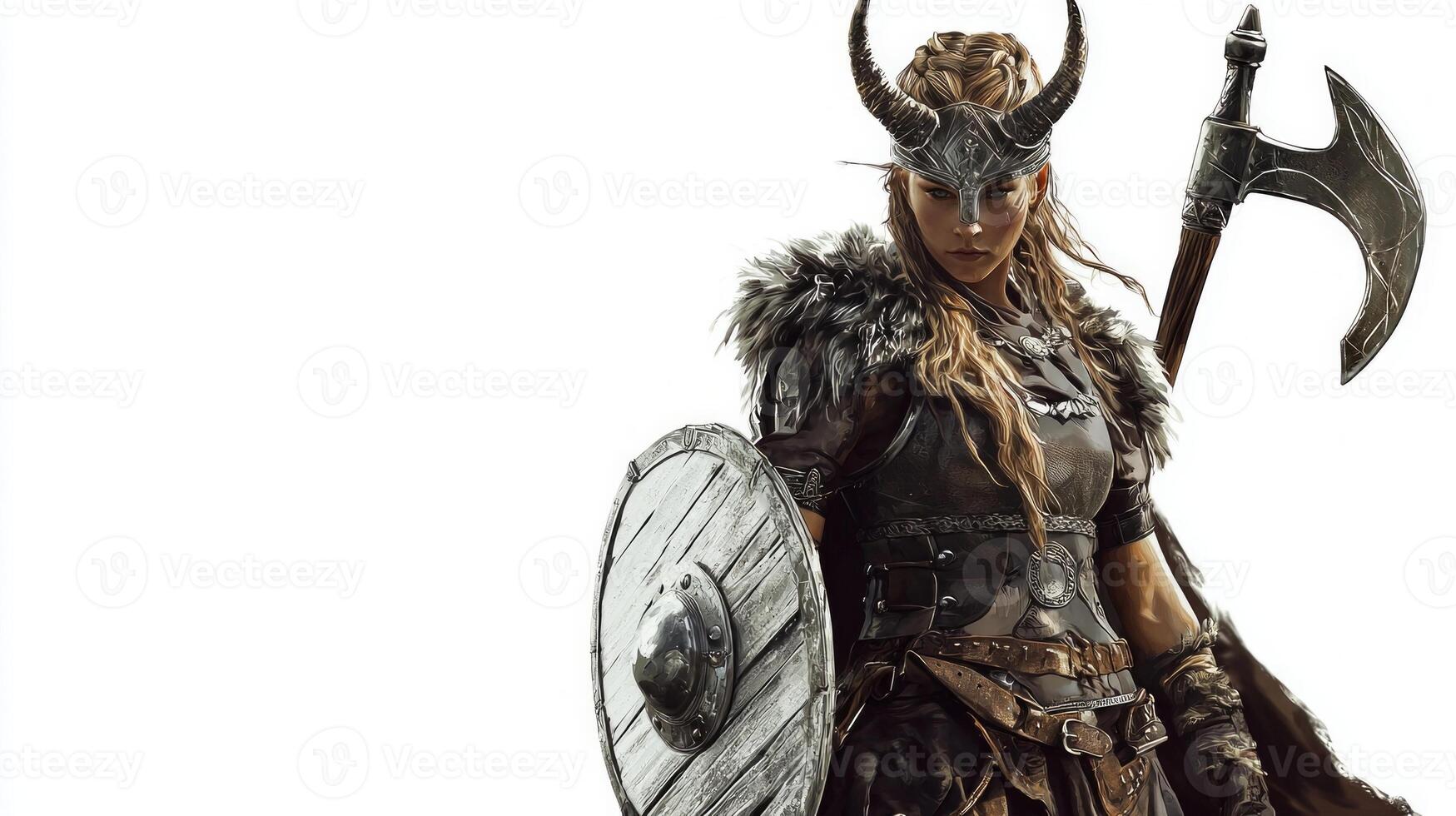 Sif embodies strength and resilience adorned in warrior attire with her signature shield and axe representing fertility and the harvest in Scandinavian mythology. photo