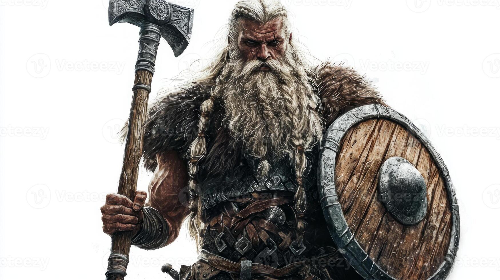 Sif prominent figure among Scandinavian gods depicted with realistic features embodying power and grace as she stands holding a shield and axe. photo