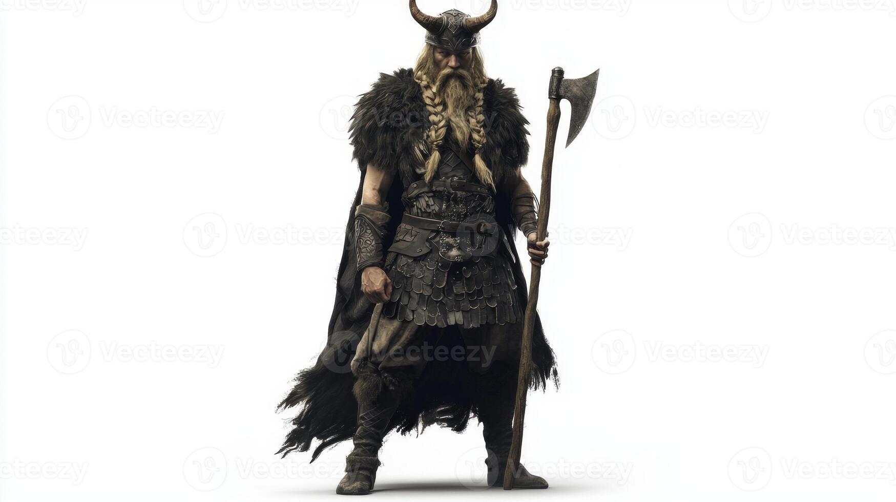 striking representation of Sif the Scandinavian god clad in detailed armor wielding an axe and displaying a fierce expression embodying strength and valor. photo
