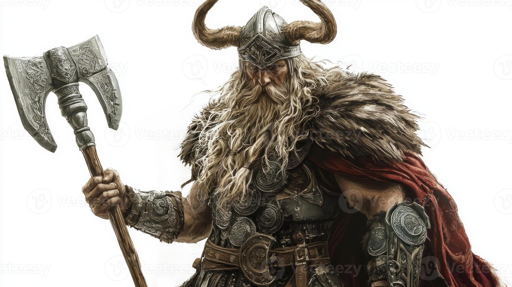 Sif the Scandinavian goddess stands confidently with her signature attributes embodying strength and beauty in a stunning representation against a white backdrop. photo