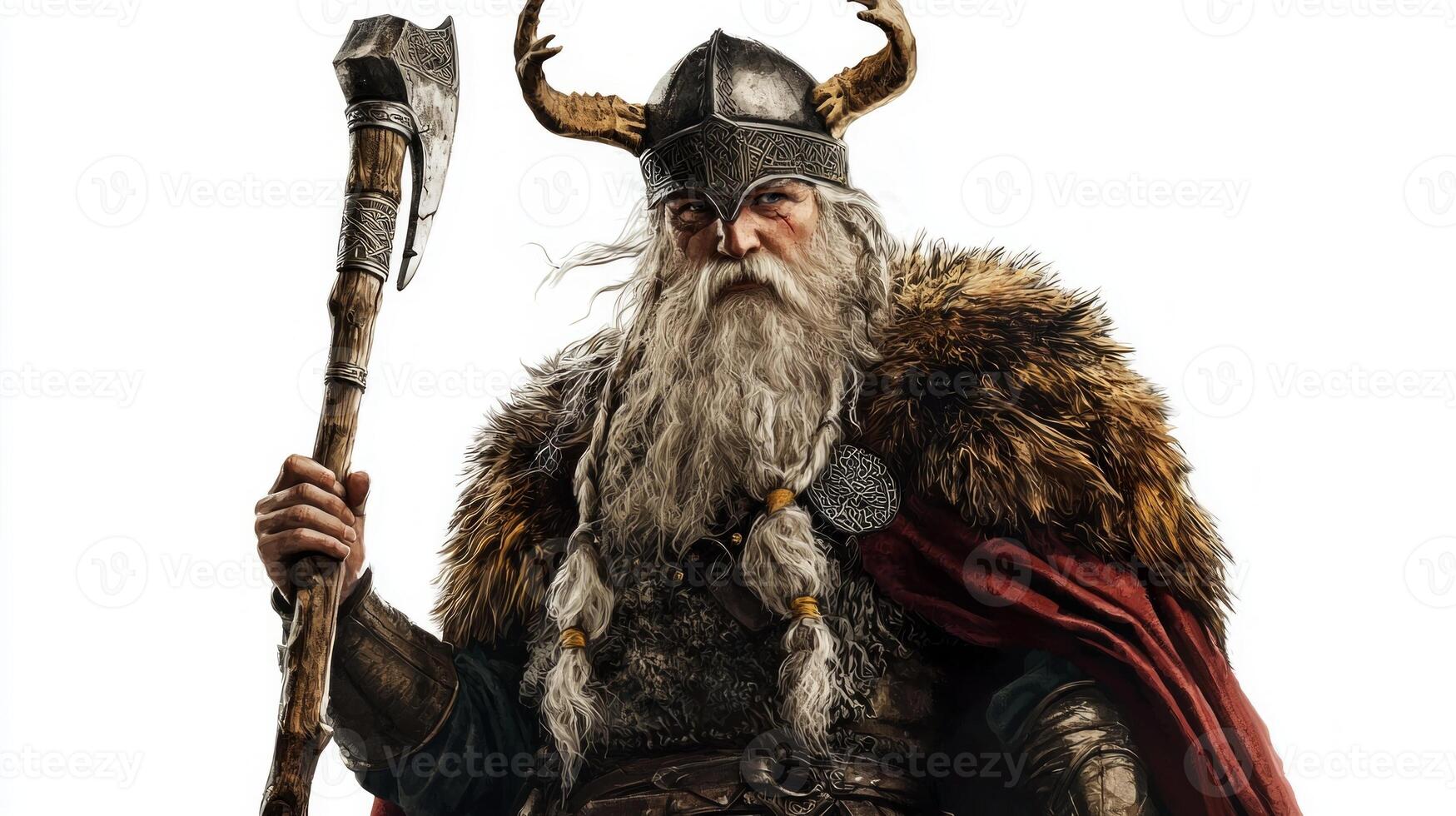 Scandinavian god Sif stands in heroic pose adorned with intricate armor and a fur cloak holding a mighty axe embodying courage and divine strength. photo