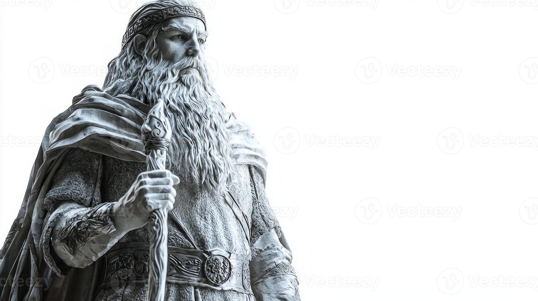figure of Skadi stands majestically capturing the essence of Scandinavian mythology with detailed attire and a commanding presence set against a stark white background. photo