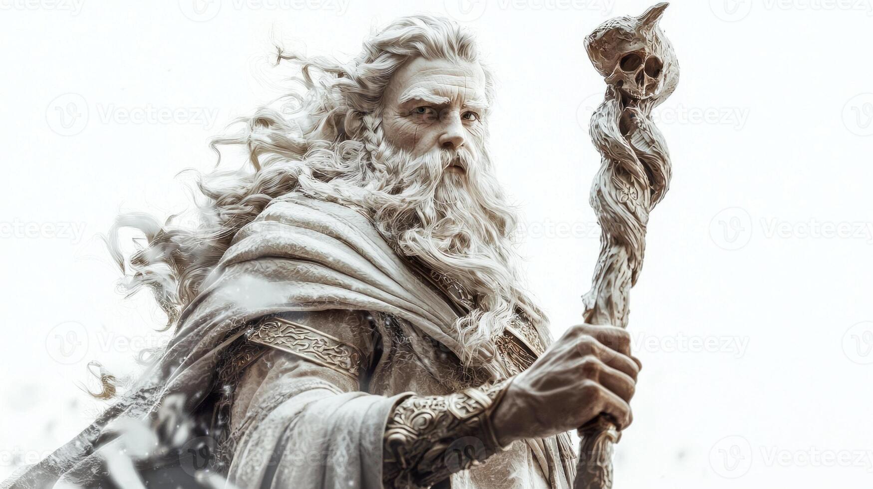 Skadi the Scandinavian goddess of winter and hunting stands confidently with a staff adorned with a skull exuding strength and determination photo