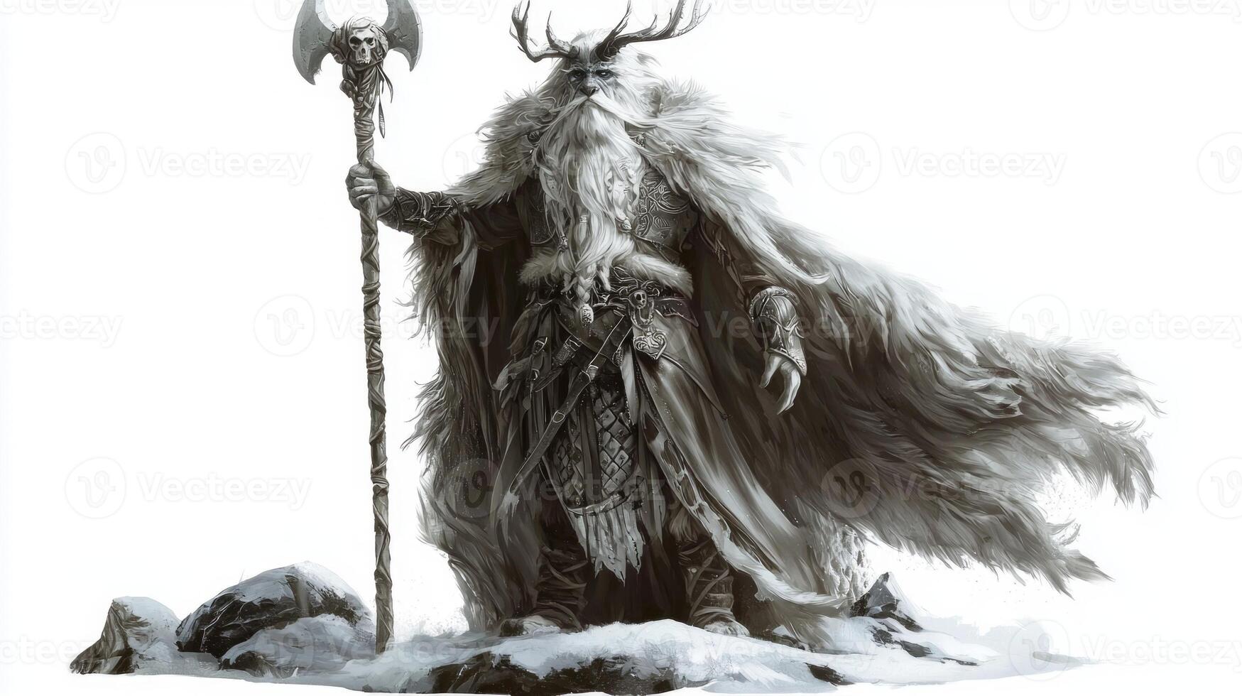 Skadi the Scandinavian goddess known for her fierce hunting skills stands majestically dressed in fur and armor gripping a massive axe symbol of her power. photo