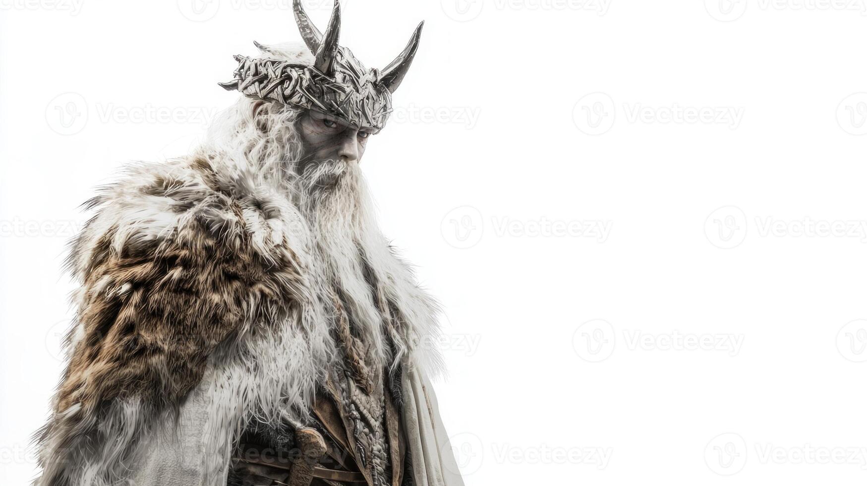 Skadi the Norse goddess associated with skiing and hunting is elegantly depicted with a majestic presence and striking features against a stark white backdrop. photo
