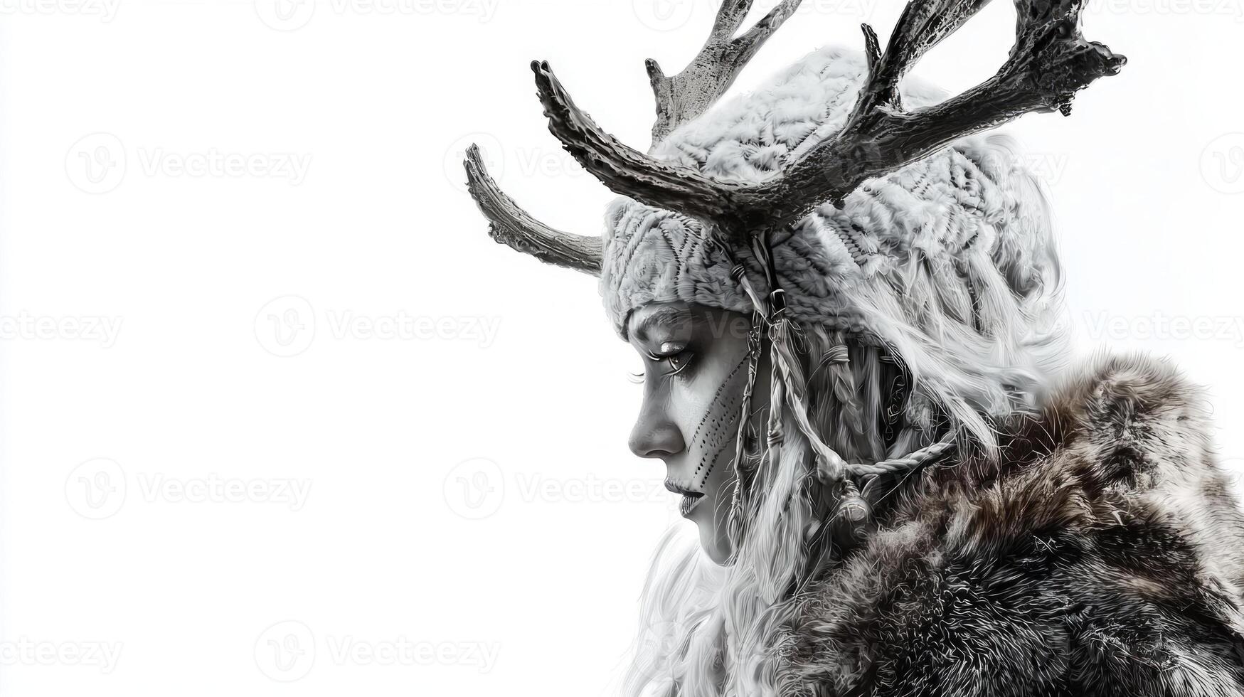 Scandinavian goddess Skadi is depicted with her iconic antlered headdress and fur attire embodying essence of winter and the hunt in a strikingly realistic manner. photo
