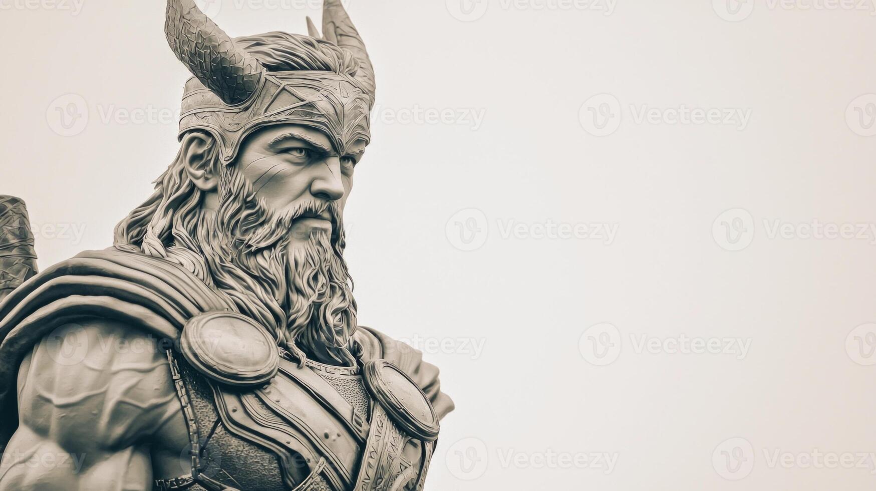 A striking representation of Thor the Scandinavian god showcases his powerful figure and iconic hammer. The sculpture captures the essence of Norse mythology in a minimalist setting. photo