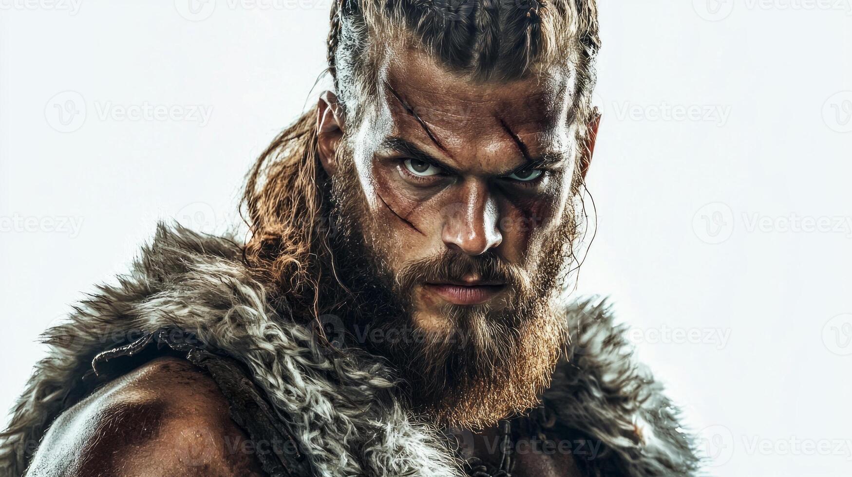 realistic representation features Tyr the Norse god associated with war and justice showcasing his intense gaze and rugged warrior appearance with a fur cloak. photo